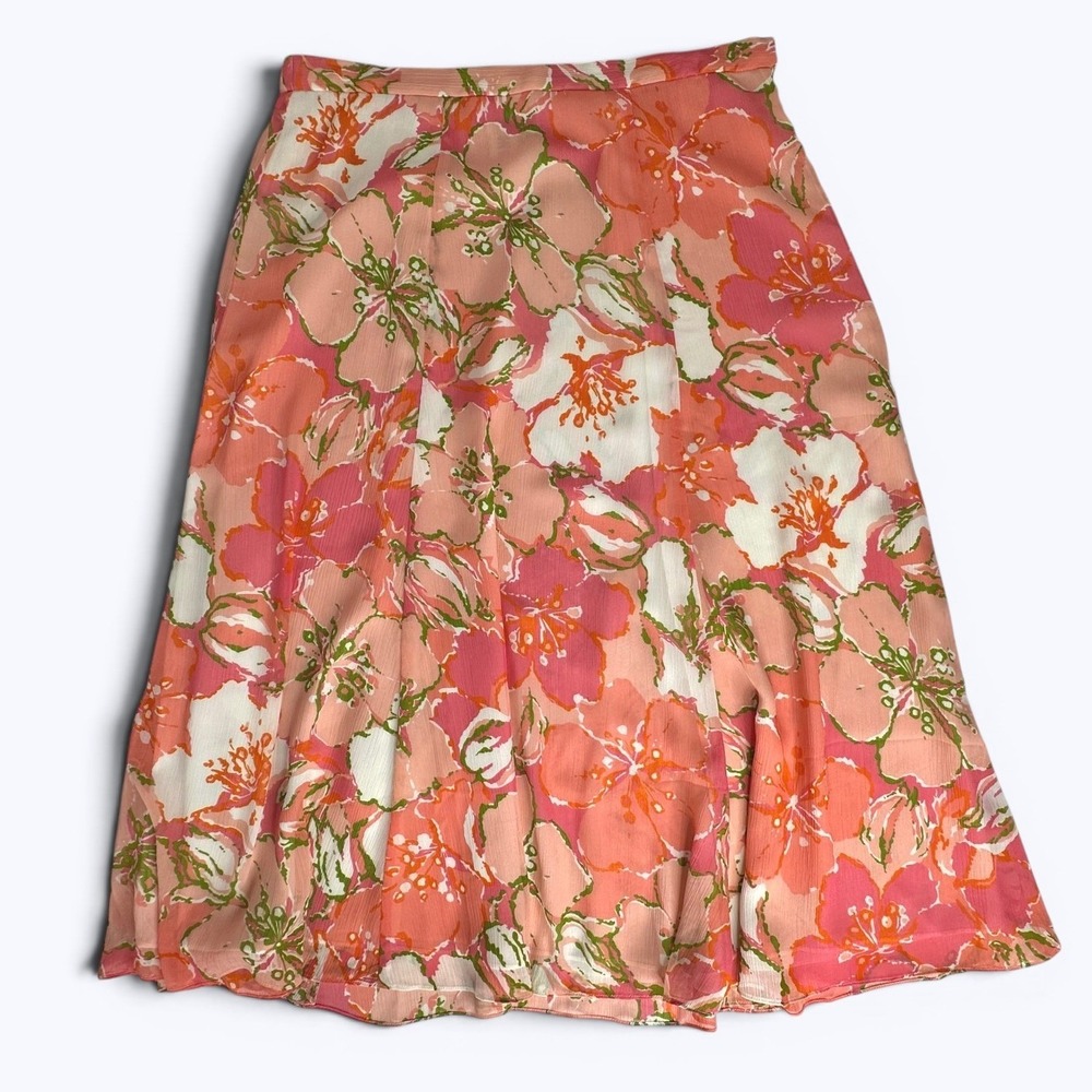 Coldwater Creek Georgette Midi Skirt Pink Orange Floral Garden Party Sz Petite L
